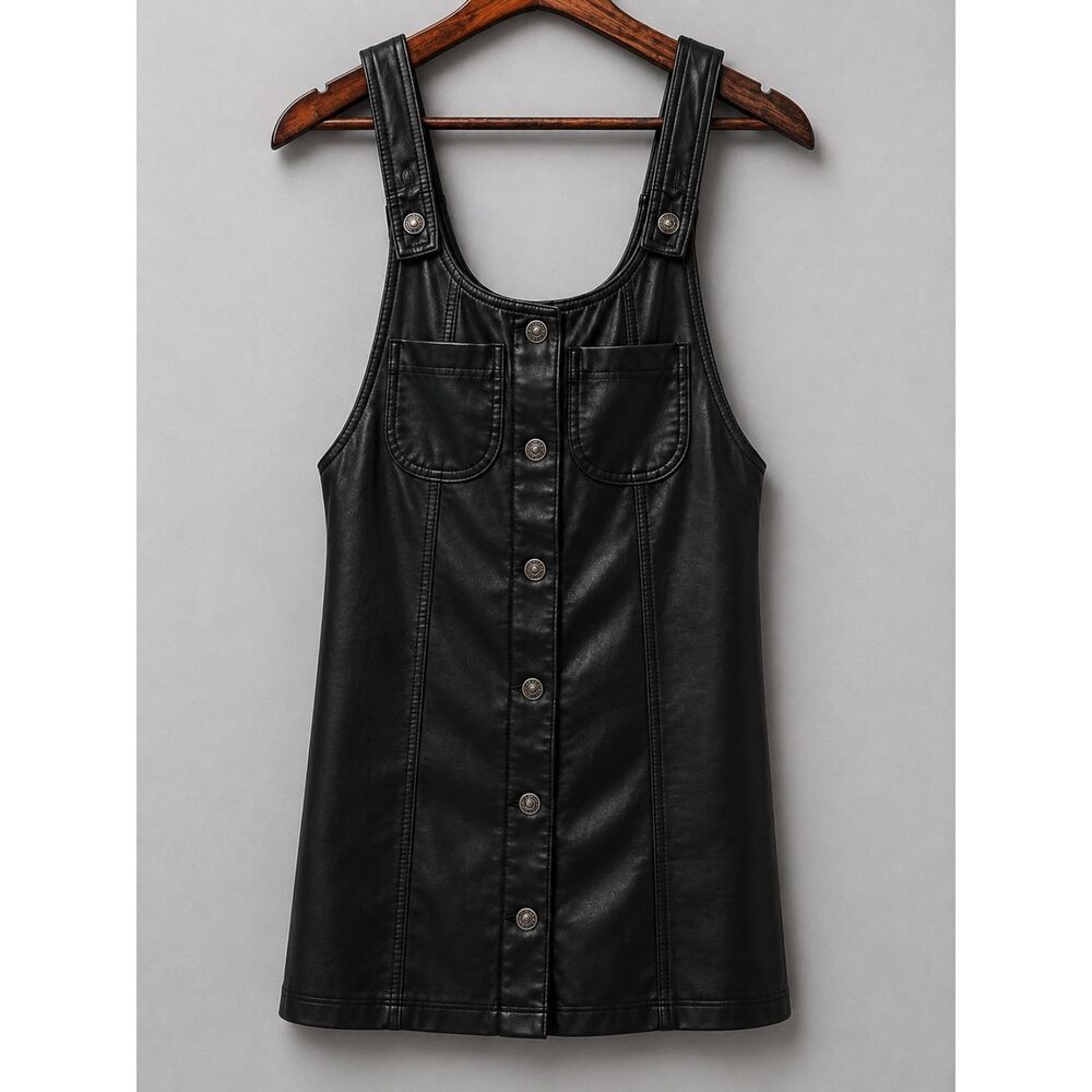 American Eagle NWT Faux Leather Pinafore Dress Black XS Button Front Pockets